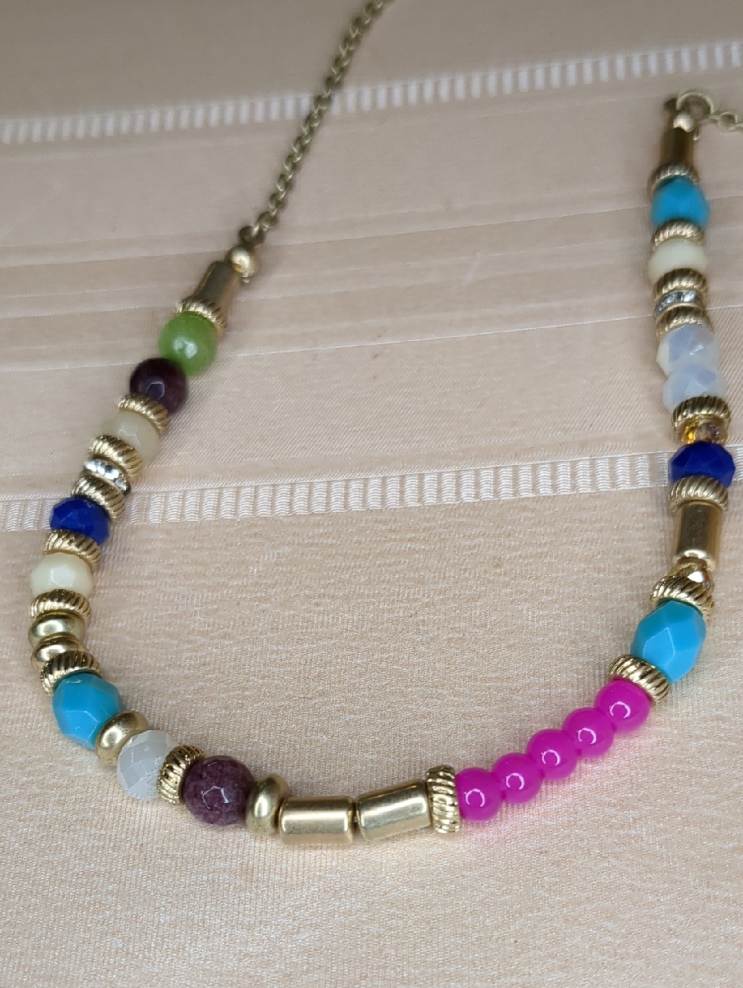 Multicolor Beaded Gold Accent Women's Necklace - Pink & Turquoise
